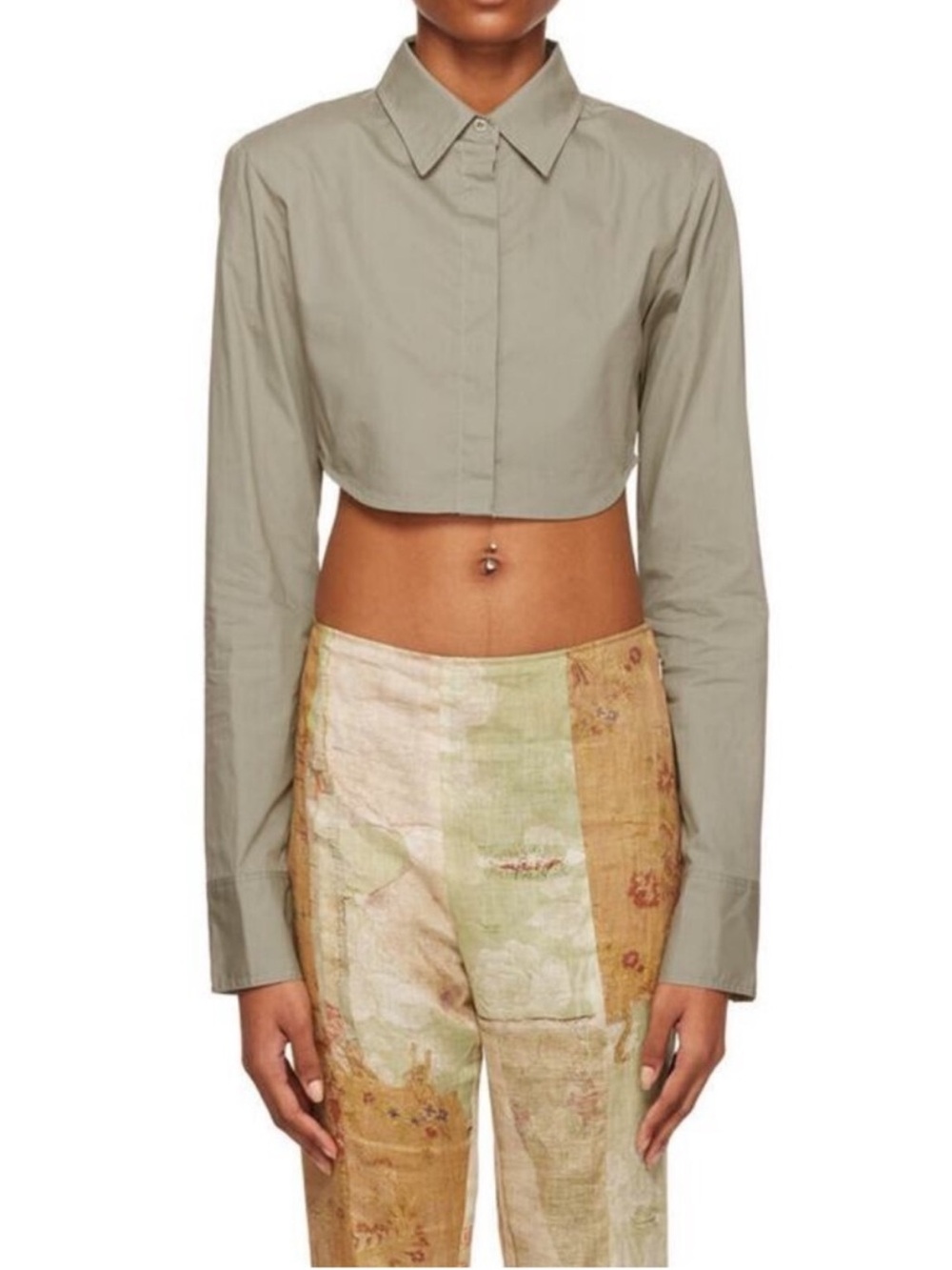 Cropped Button-Front Shirt - Sage Green